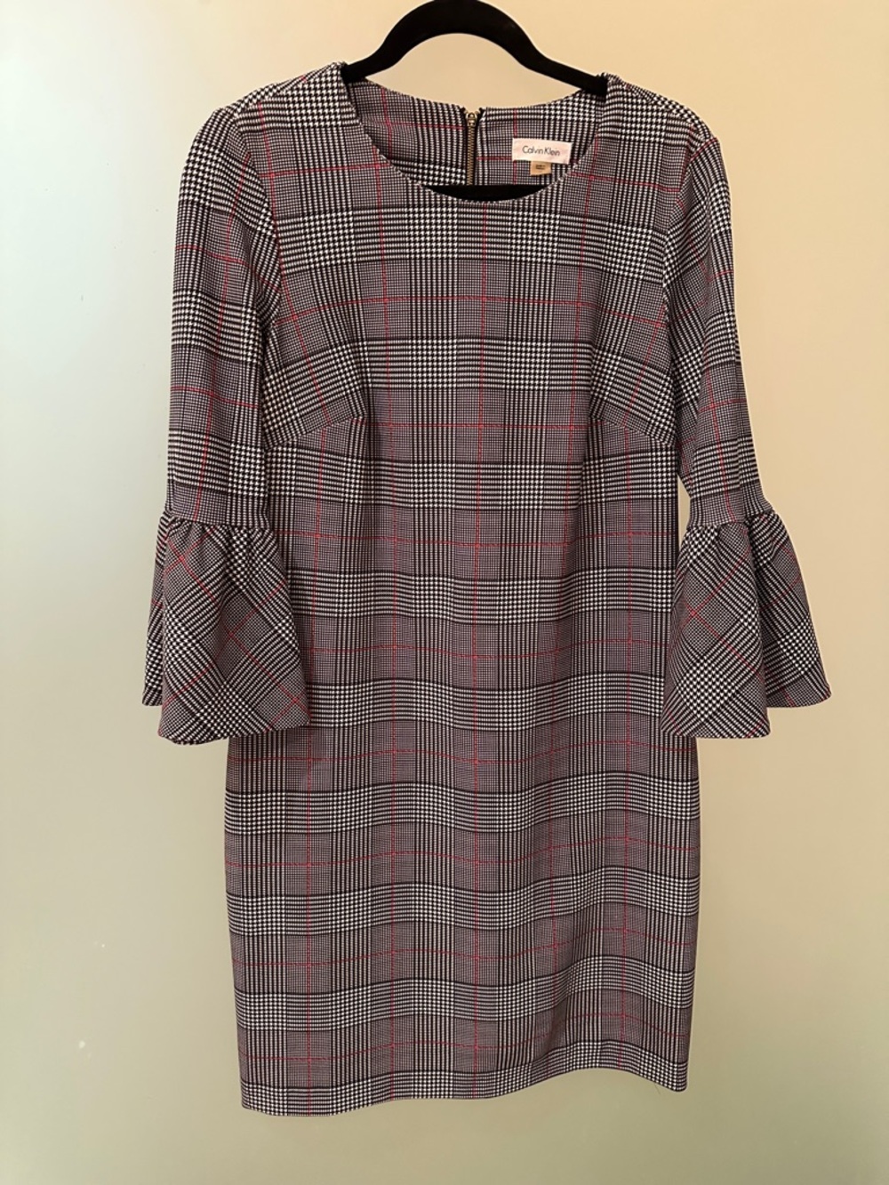 Calvin Klein Black, White & Red Glen Plaid Long Sleeve Dress